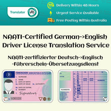 Load image into Gallery viewer, NAATI-zertifizierter Übersetzungsservice für Führerscheine von Deutsch nach Englisch